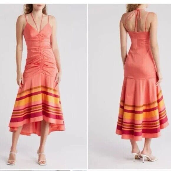 VERONICA BEARD Fitz High-low Cotton Blend Dress In Coral Multi Size 6 Beach - Picture 1 of 9